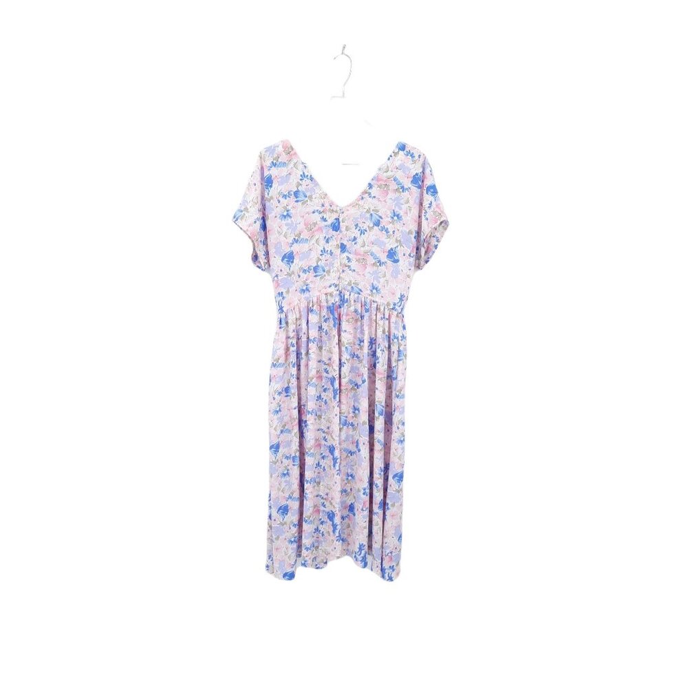 VTG 80s Pink Blue Green White Floral V-Neck V-Back Midi Fit & Flare Dress L - Picture 4 of 8
